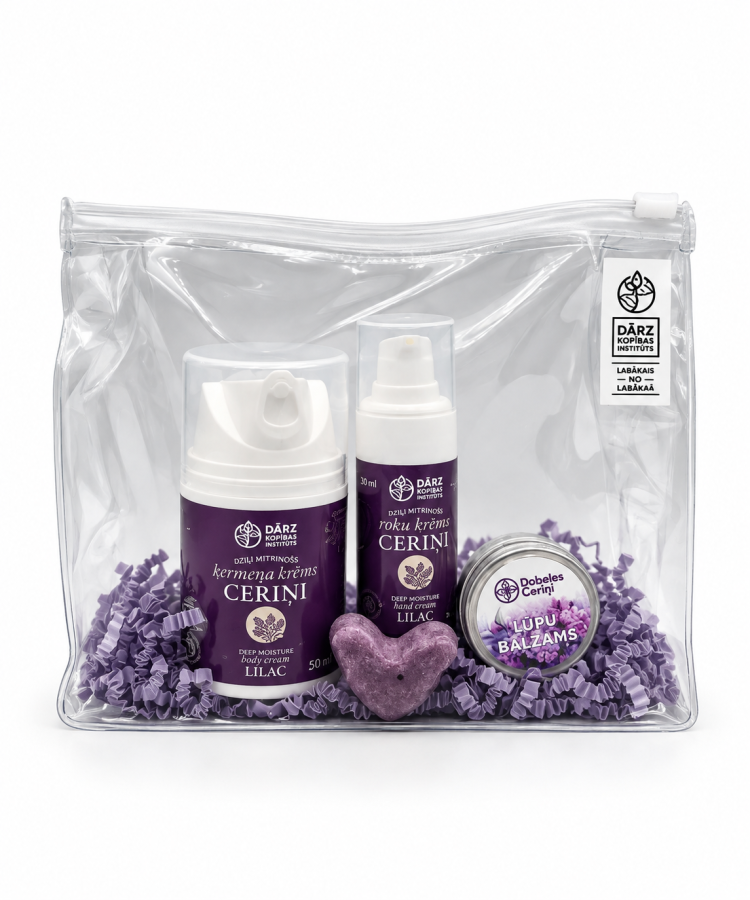 Komplektā iekļauti trīs kopjoši kosmētikas produkti:     1. Roku krēms "CERIŅI", 30 ml, ar kopjošo šī sviestu un augu kompleksu ilgstošai ādas mitrināšanai. ​​​​  2. Ķermeņa krēms "CERIŅI", 50 ml, ar ādu kopjošo olīvu skvalānu un augu kompleksu ilgstošai ādas mitrināšanai. ​​​​​​  3. Lūpu balzams, 8 g, ar kopjošo šī sviestu un bišu vasku. Kopj, mitrina, piešķir lūpām veselīgu izskatu.     Ādas tips. Krēmi piemēroti visiem ādas tipiem, īpaši sausai ādai. Krēmiem piemīt maigs ceriņu aromāts.